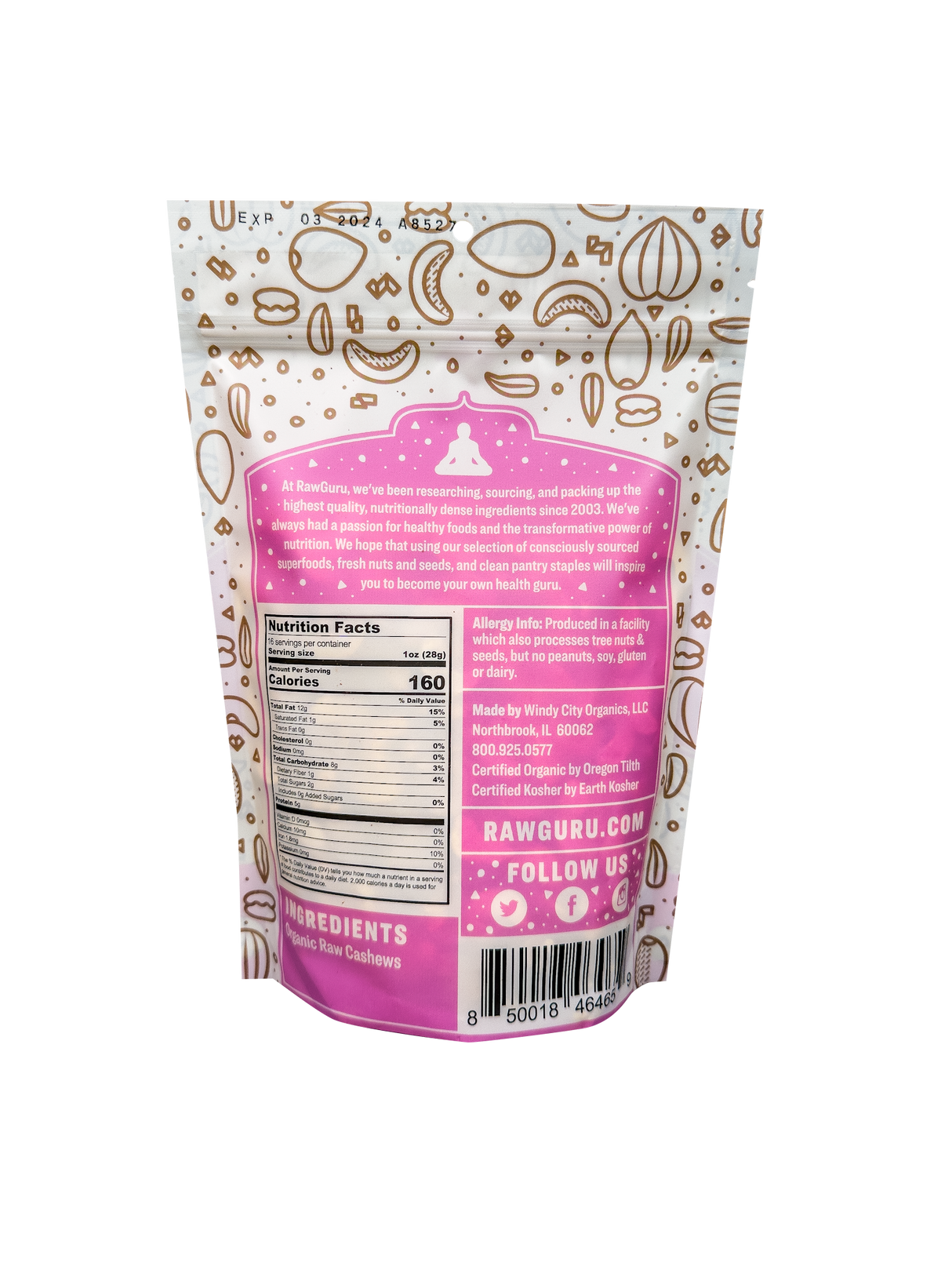 Back of package with ingredients and nutritional value.