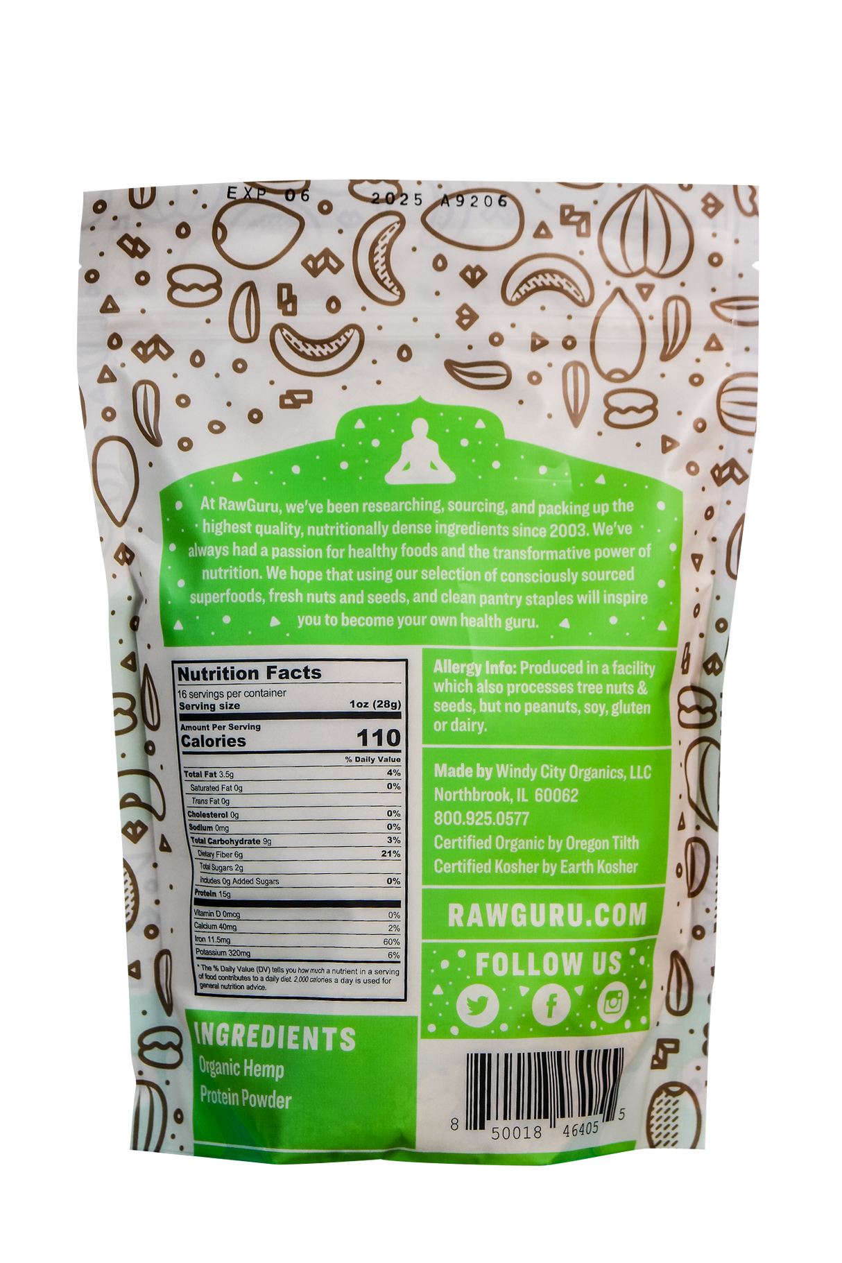 Back of package with ingredients and nutritional value.
