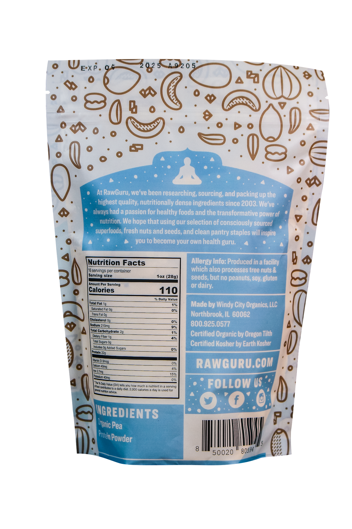 Back of package with ingredients and nutritional value.