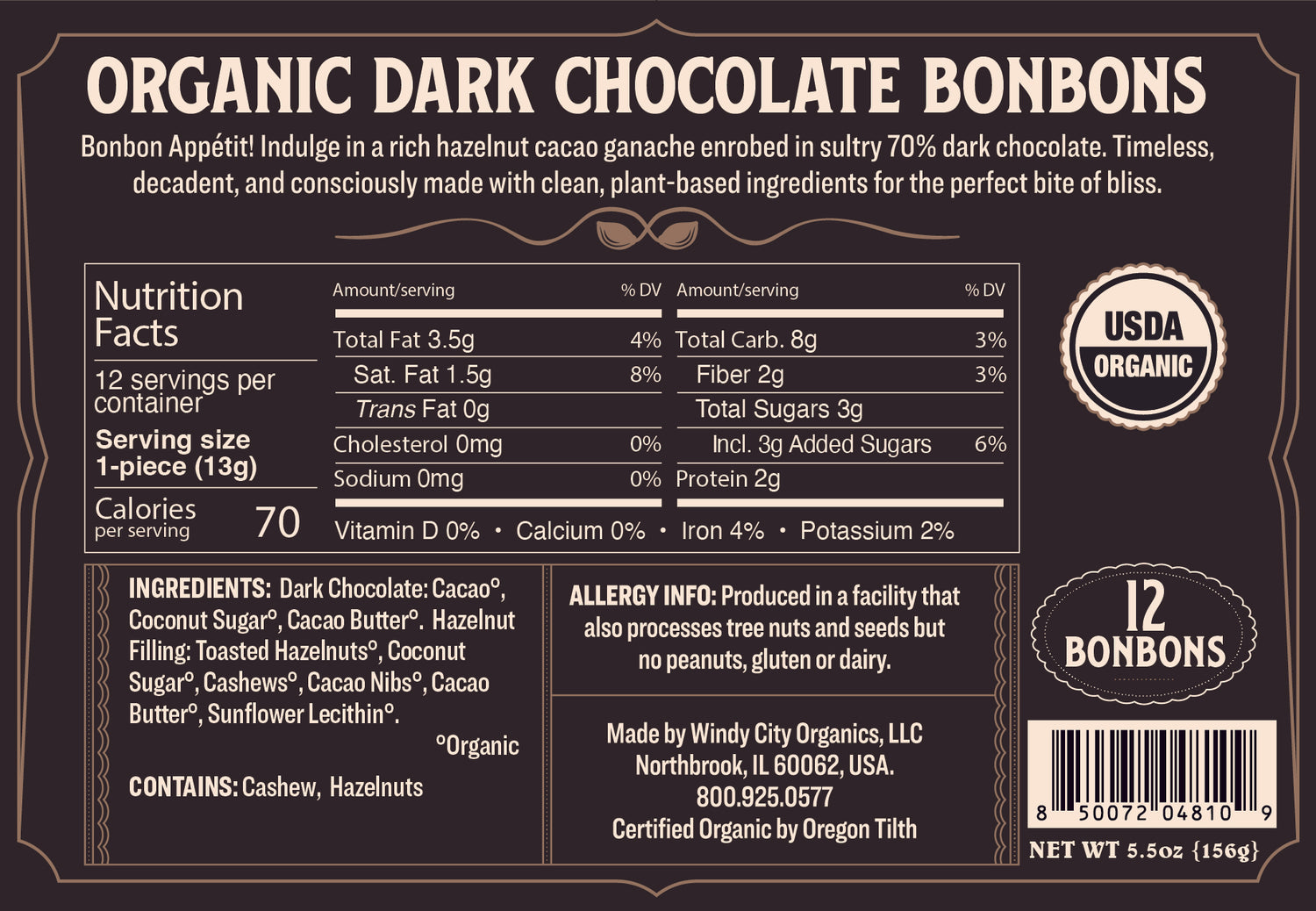 Rawmio 70% Dark Chocolate Bonbons, 12 Bonbons