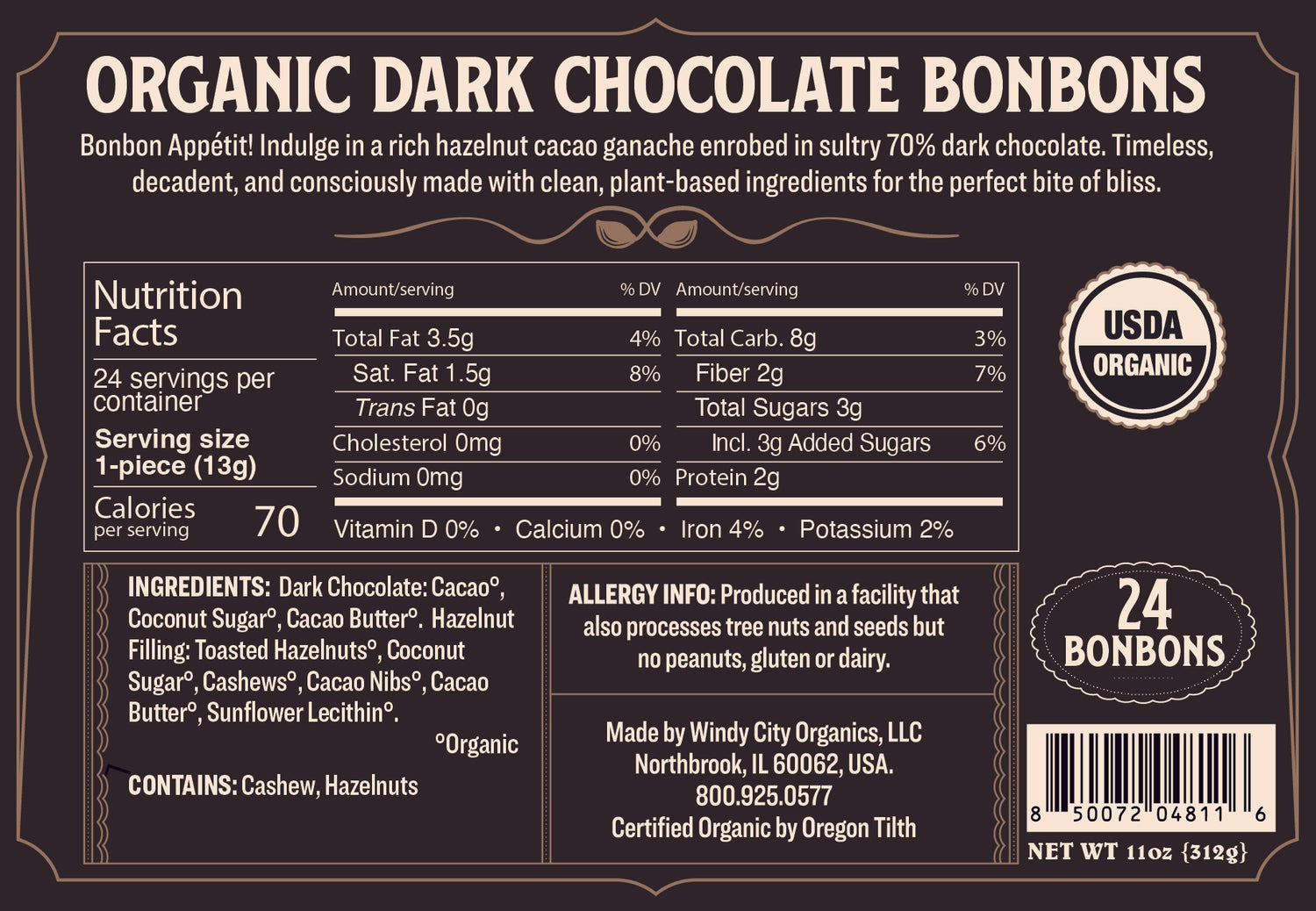 Rawmio 70% Dark Chocolate Bonbons, 24 Bonbons