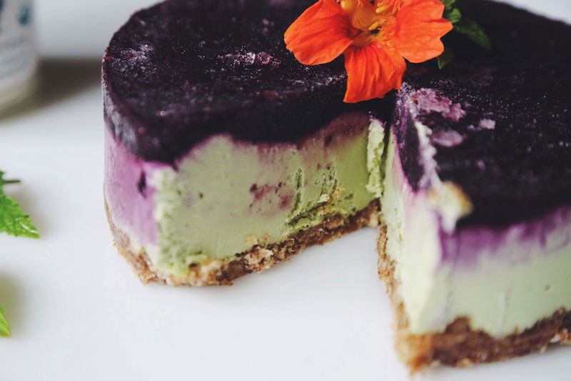 Vegan No-Bake Matcha Blueberry Lemon Cheesecake
