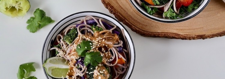 Buckwheat Soba Salad with Spicy-Sweet Chipotle Lime Sprouted Almond Sauce