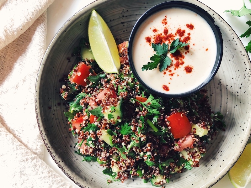 Red Quinoa Salad with Fresh Tahini Dressing